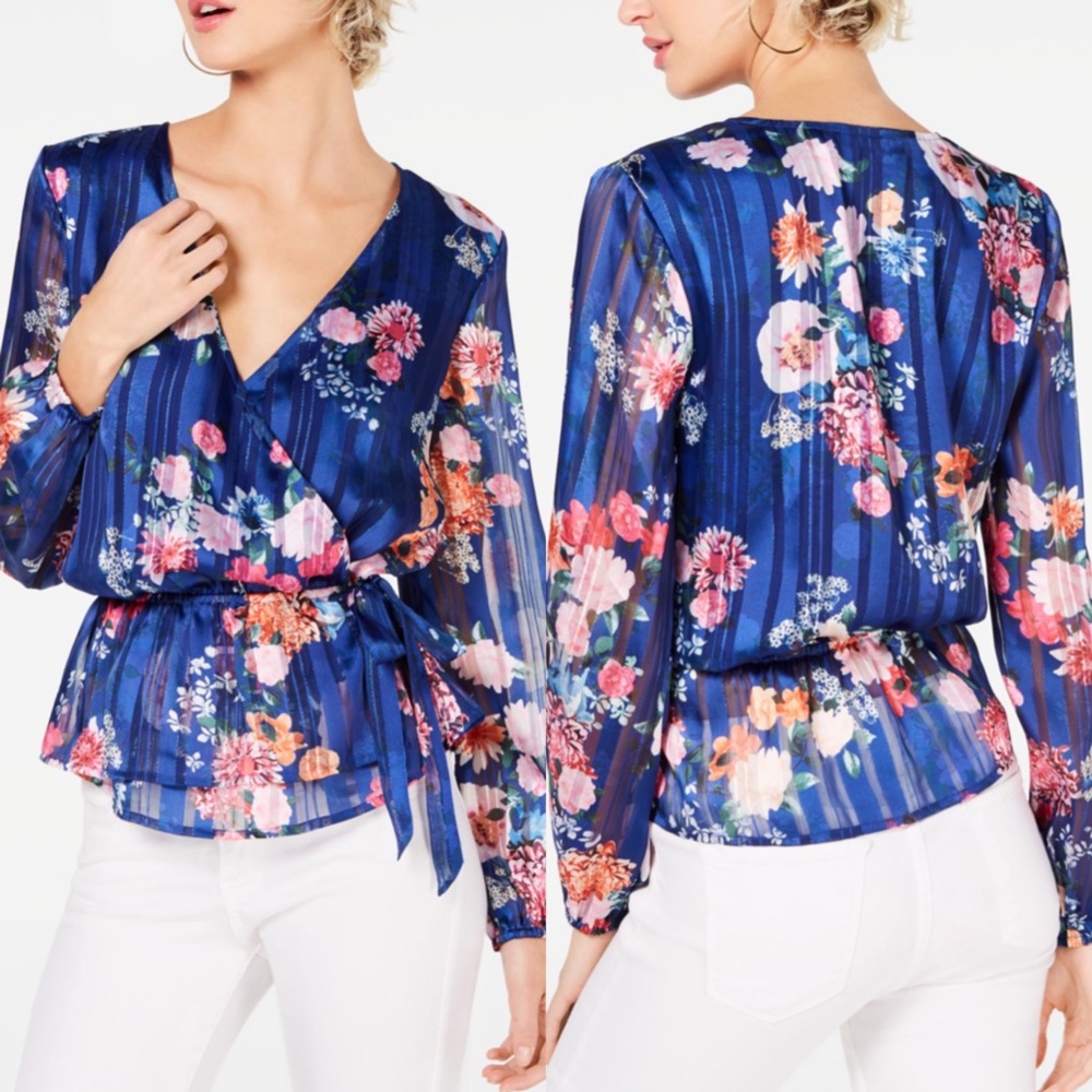 INC blue floral sheer lace sleeves wrap tie waist v neck April Shower Flower XL